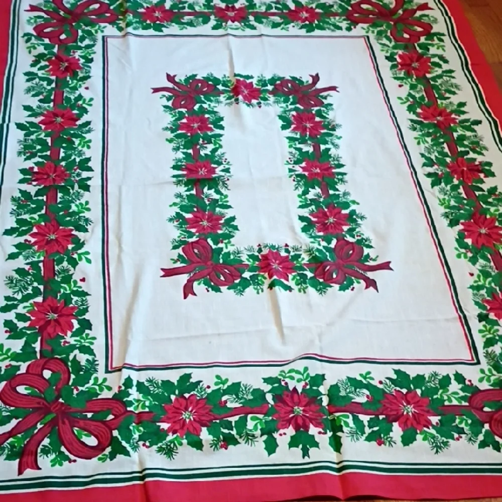 Vintage Holiday Tablecloth with Red and Green Poinsettia Design